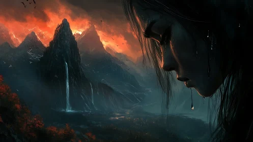 Profile of woman over volcanic mountains and waterfall.