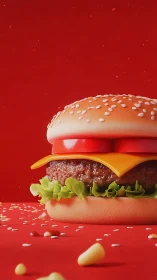 Cheeseburger on red background with sesame seeds scattered.