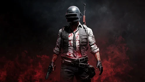 Digital combatant portrait in dramatic 3D battlefield rendering.