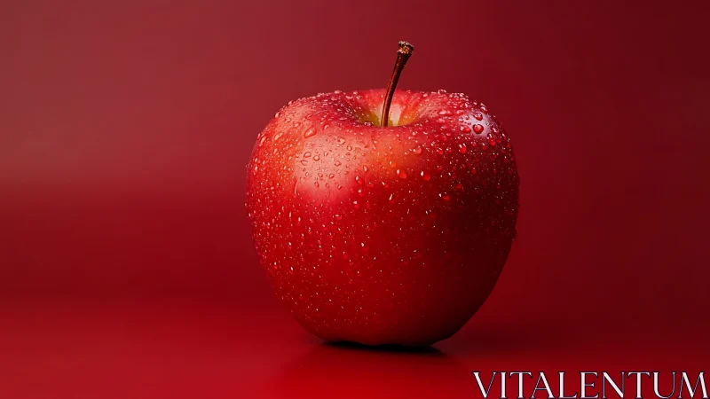 High-contrast macro of dew-covered red apple on red backdrop
