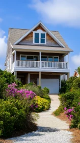 Shingle-clad beach house rising above a wildflower lane.