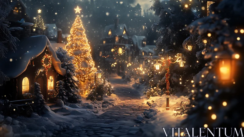 Snow covered village lane with bokeh lit Christmas decorations