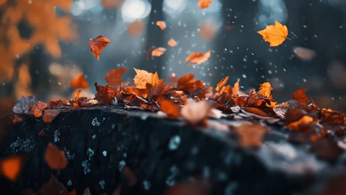 Autumn leaves drift over a mossed stone ledge in shallow focus
