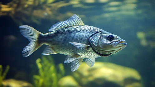 Silver fish glides through clear freshwater habitat gracefully.