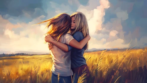 Two figures embrace in field during golden hour lighting