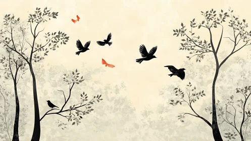 Silhouette Birds and Trees with Butterflies in Minimalist Style.