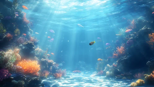 Sunlit coral ballroom where tiny reef wanderers glide.