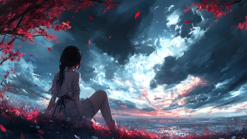 Solitary girl observing dramatic dusk sky from crimson hillscape