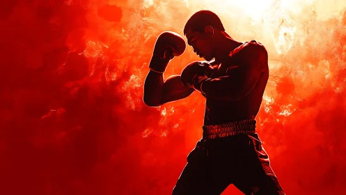 Silhouetted boxer in boxing stance against fiery background.
