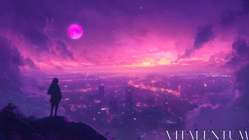 Silhouette overlooks neon city under magenta moonlit sky