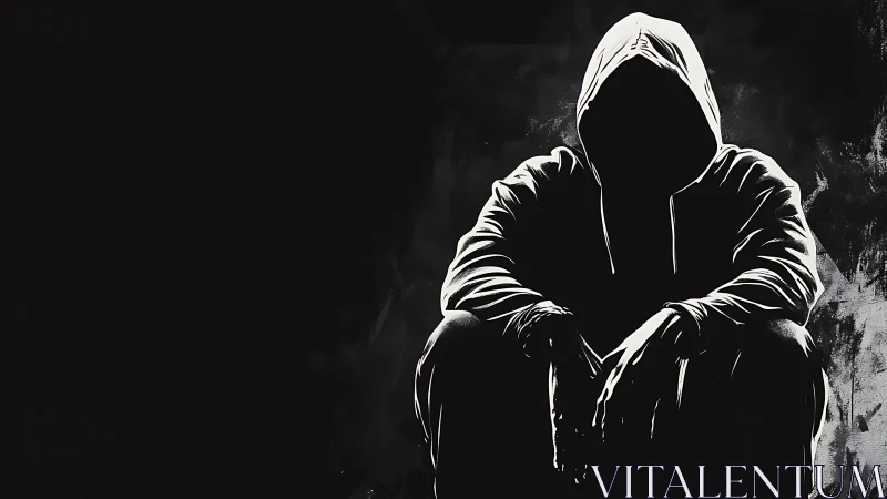 Silhouetted hooded figure seated in high contrast lighting.