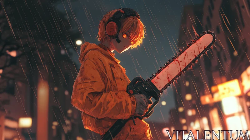 Hooded figure with chainsaw in rainy urban night scene.