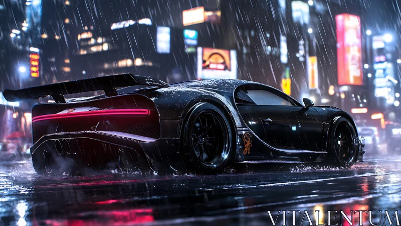 Black hypercar cuts through neon city rain at night