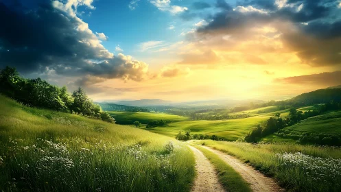 Curving rural path passes through illuminated rolling fields