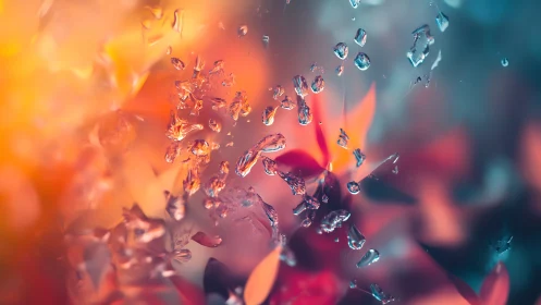 Raindrops shimmer over vibrant bokeh in fiery cool light.