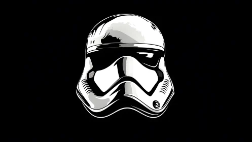 White sci fi combat helmet graphic on solid black ground.