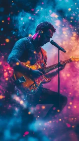 Silhouetted guitarist performs amid neon bokeh and stage haze