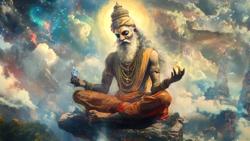 Mystic ascetic levitating amid cosmic storm clouds of light.