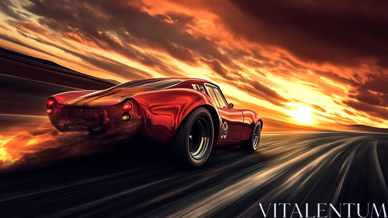 Retro racing coupe accelerates along molten sunset track