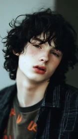 Soft gaze and wild curls in a quiet, thoughtful portrait.