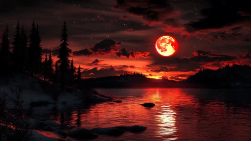 Crimson lunar reflection over nocturnal conifer shoreline.