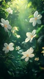 White Petaled Florets in Luminous Green Botanical Environment.