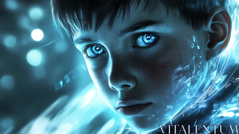 Cyber-augmented child gazes ahead with glowing data eyes.
