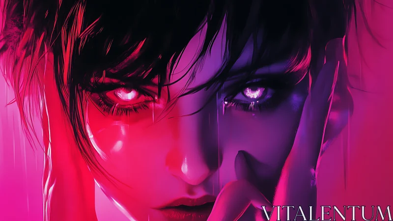 Intense neon portrait shows stylized face with glowing eyes