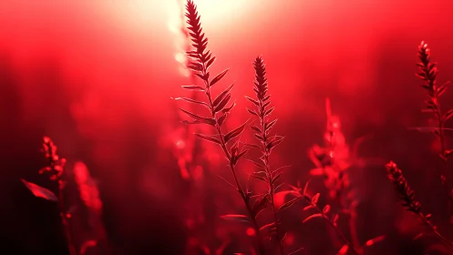 Backlit plant stems stand in shallow depth of field red light