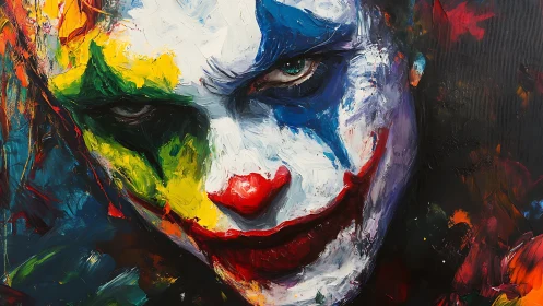 Close cropped portrait of painted clown face in oils.