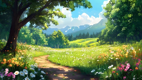 Sunlit wildflower meadow path beneath distant mountains.