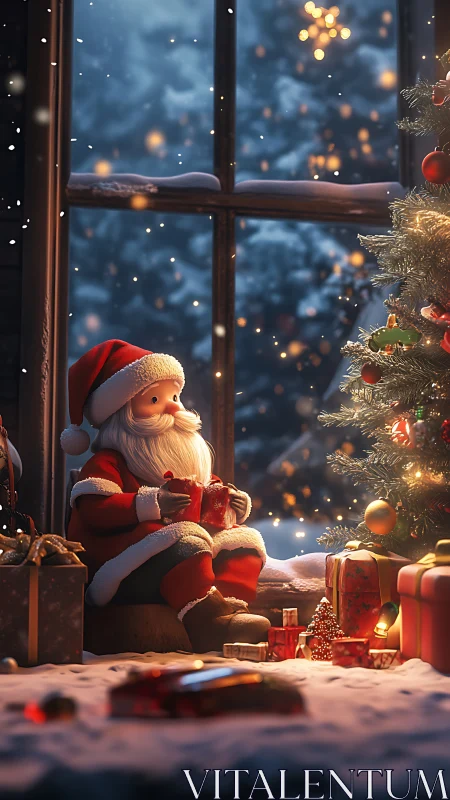 Cute santa toy by lit christmas tree and winter window.