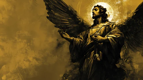 Winged robed figure before radiant halo on ochre field.