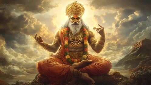 Radiant sage in golden robes sharing gentle cosmic calm.