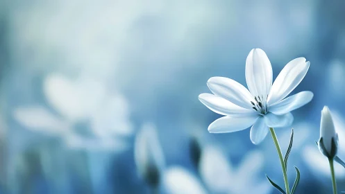White Flower in Soft Focus Meadow with Cool Blue Tones.