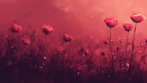 Ethereal red poppies bloom in dreamy atmospheric light and haze