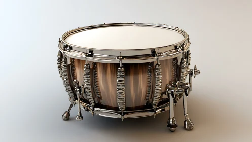 Polished snare drum throne catching studio light in silence.