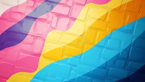 Colorful waves sweep across a textured brick wall mural.