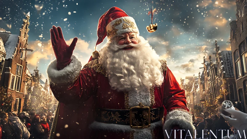 Santa figure in red robe leading winter street parade scene.