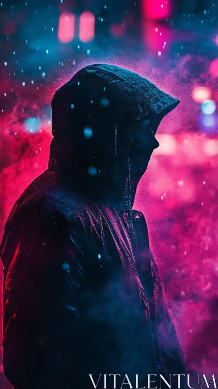 Hooded urban silhouette dissolves into neon vapor haze