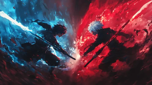 Elemental duel of blue and red warriors in swirling void.