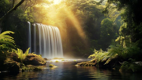 Sunlit rainforest waterfall pours into tranquil forest pool.