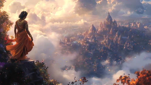Divine figure gazes over a radiant temple city in clouds.