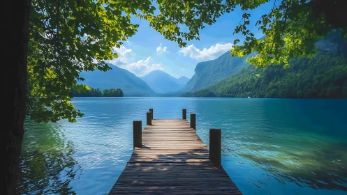 Serene wooden pier leading into clear alpine mountain lake.