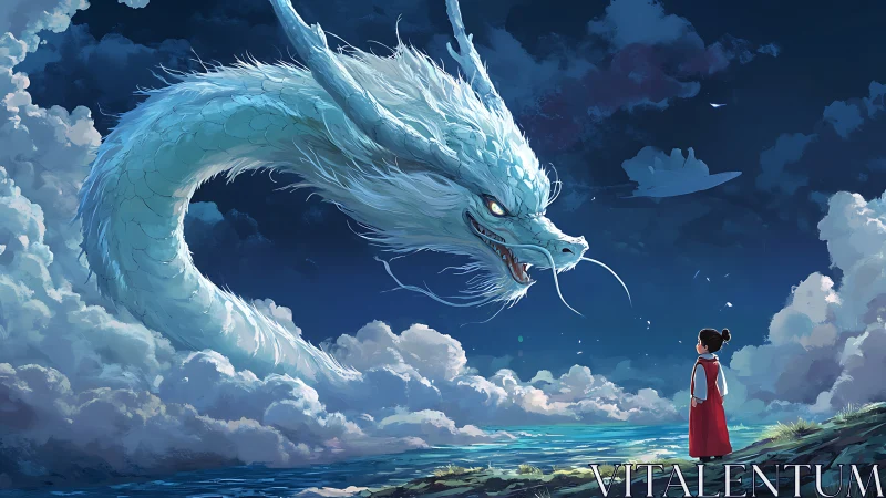 Sky serpent confronts solitary child over glowing ocean cliff