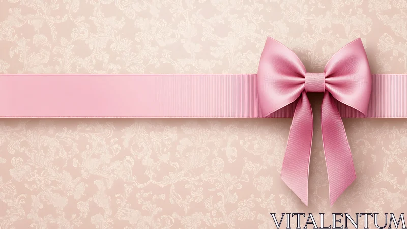 Pink Silk Ribbon Bow on Ornamental Damask Textured Background.