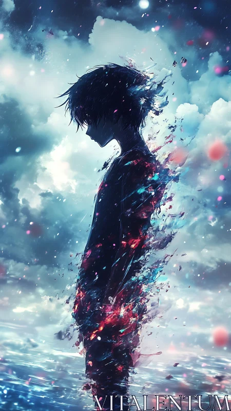 Lonely silhouette dissolving into cosmic sea of light.