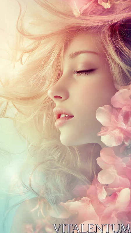 Side profile of young woman with closed eyes amid soft petals