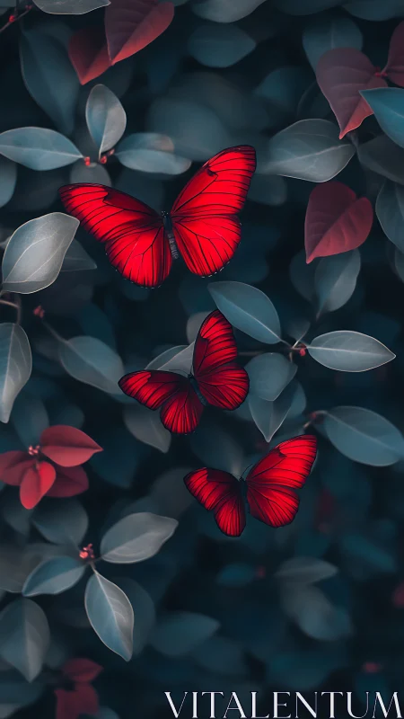 Scarlet butterflies hover over cool teal garden foliage.