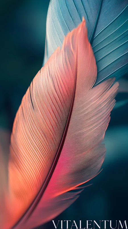 Macro study isolates coral feather against teal blur